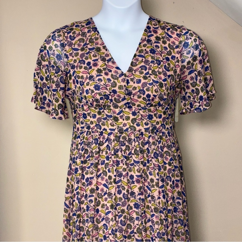 Boden Grace Flutter Sleeve V-Neck Empire Waist Dress Floral 4 Flowy Cottage
